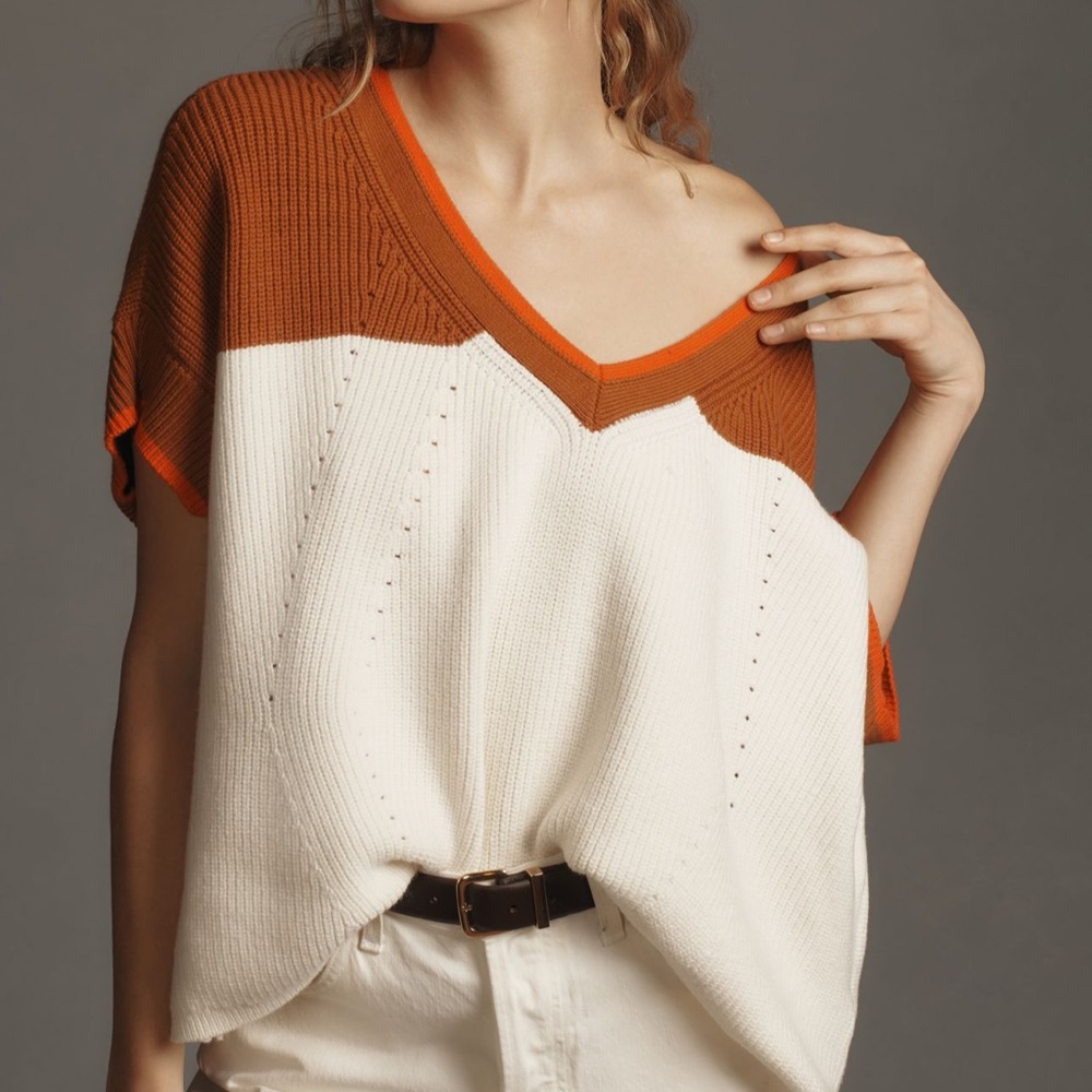 Maeve Anthropologie V-Neck Short Sleeve Oversized Sweater Colorblock